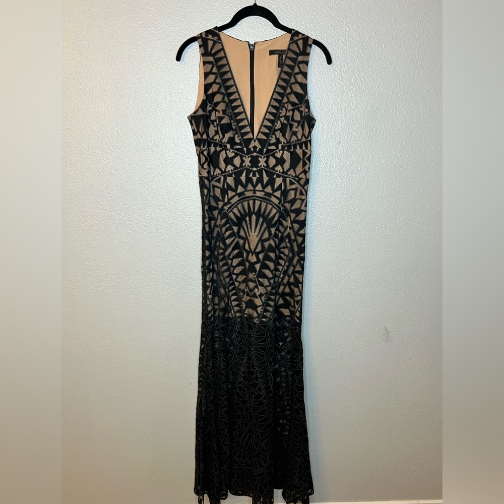 BCBGMaxAzria Black and Tan Geometric Evening Dress